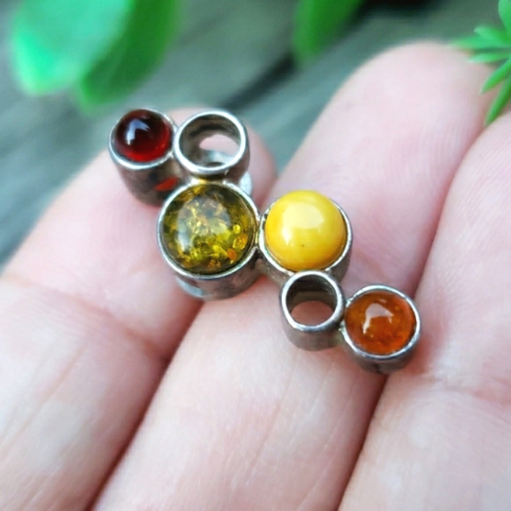 Vtg Artisan Unique Silver Bubble Various Amber & Garnet Cabochon 925 Pendant